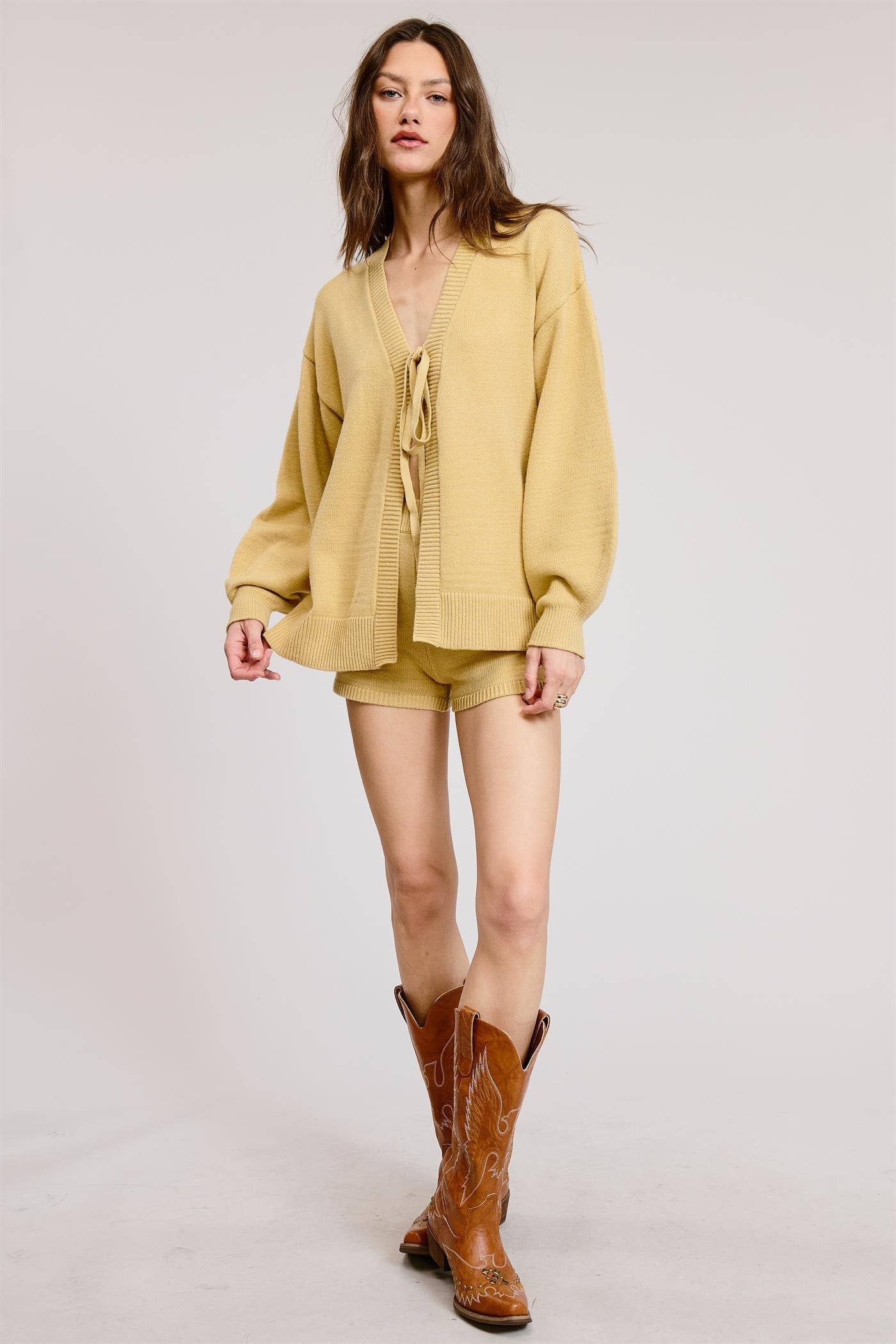 Mimosa - Wholesale Lounge Set - Women's - Self Tie Knit Cardigan and Shorts Lounge Set14