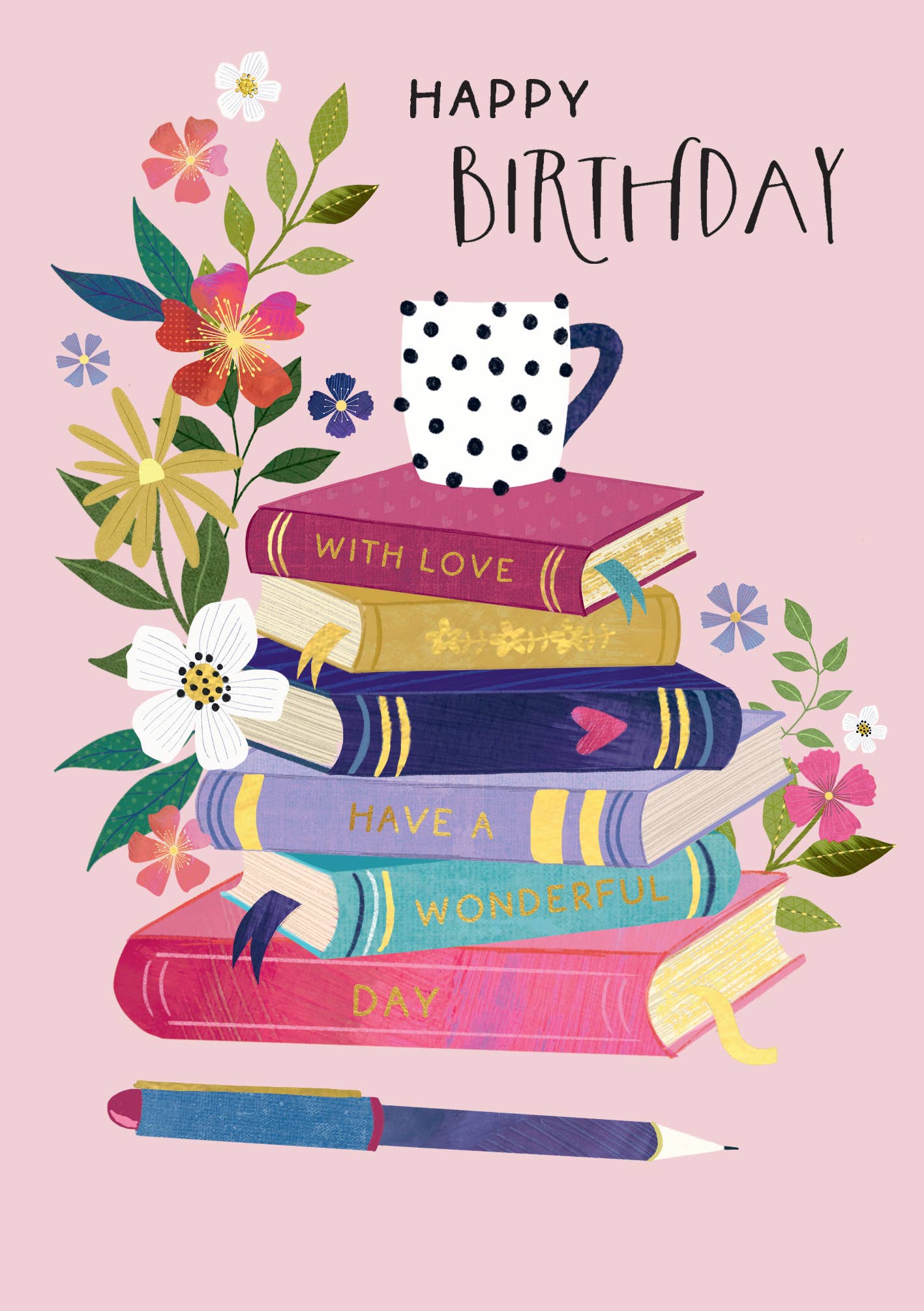 Notes & Queries, Inc. - Wholesale Birthday Card - BIRTHDAY PILE OF BOOKS GREETING CARD PAPER ROSE0