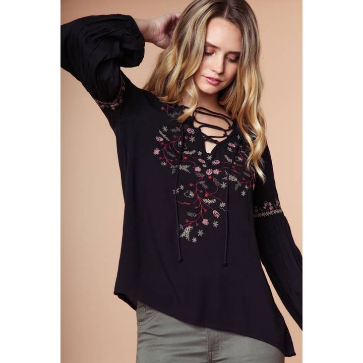 Embroidered Lace Up Long Sleeve Blouse for wholesale by Naked Zebra Rack
