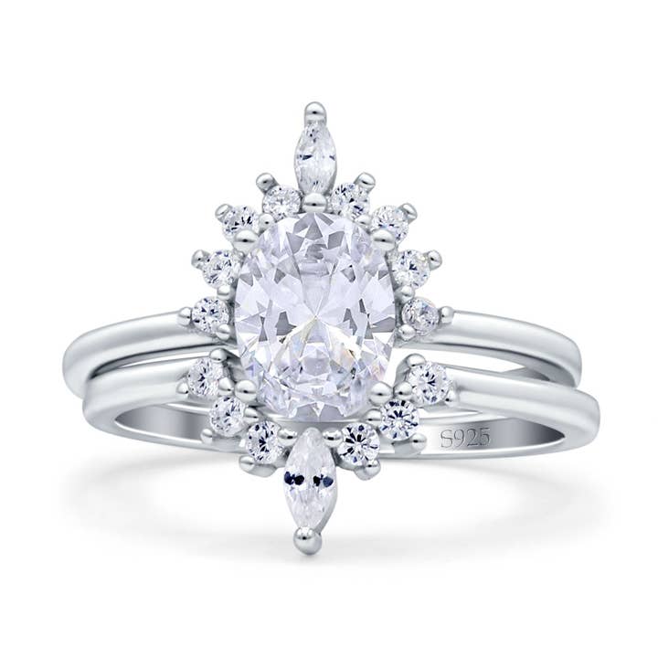 To-delt vintage-stil Art Deco bryllup brudesæt ringbånd oval simuleret cubic zirconia for engroshandel hos Blue Apple Imports