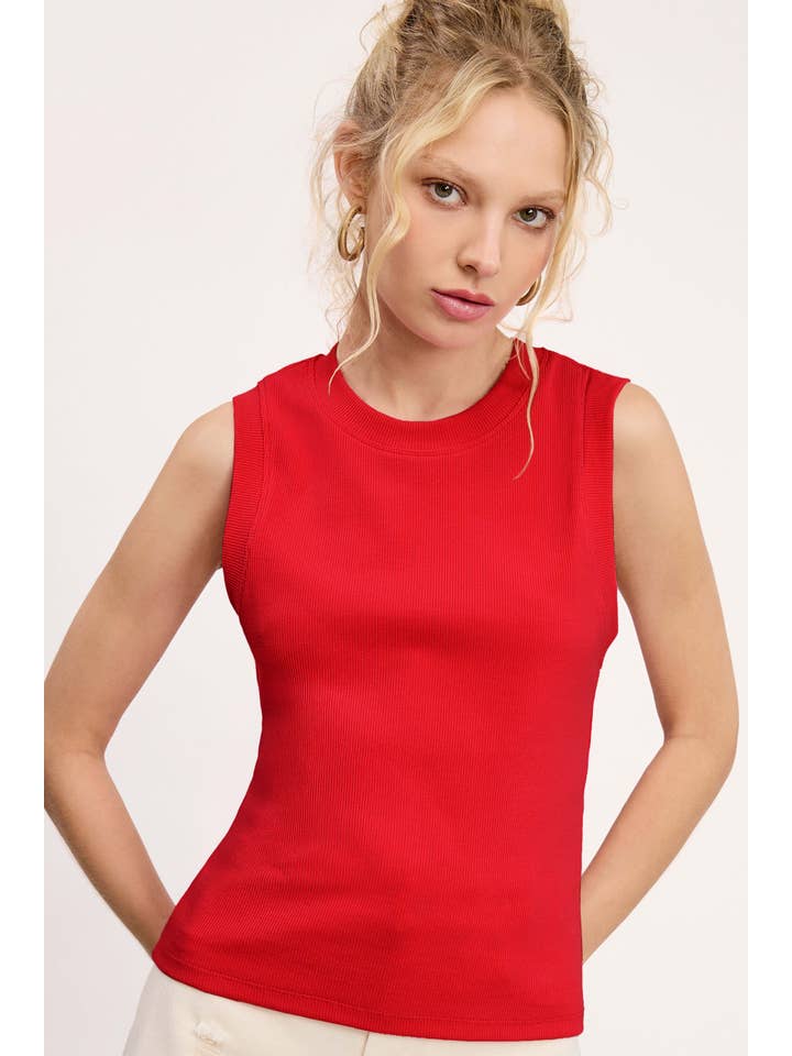 La Miel - Wholesale Tank Top - Women's - HUT7340-Stretchy Basic Ribbed Sleeveless Crew Neck Top