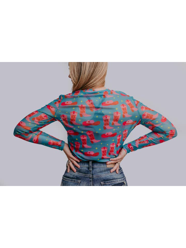 YEEHAW MK165 Yee Haw Long Sleeve Mesh Top - Multi for wholesale on Faire