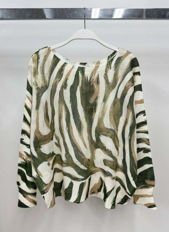 VENTI6 - Vente Pull en maille – femme - PULL EN MAILLE AVEC IMPRIMÉ TIGRE EN FEUILLE D'OR (90668-9066-FOILTIGER)2