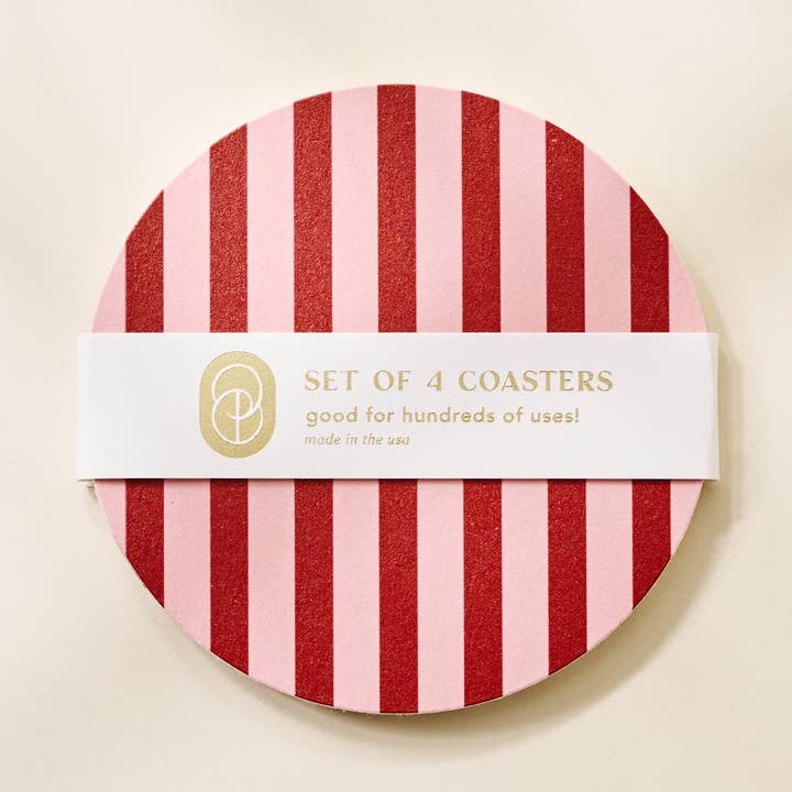 One & Only Paper - Wholesale Coasters - Pink and Maroon Striped Coaster - Set of 40