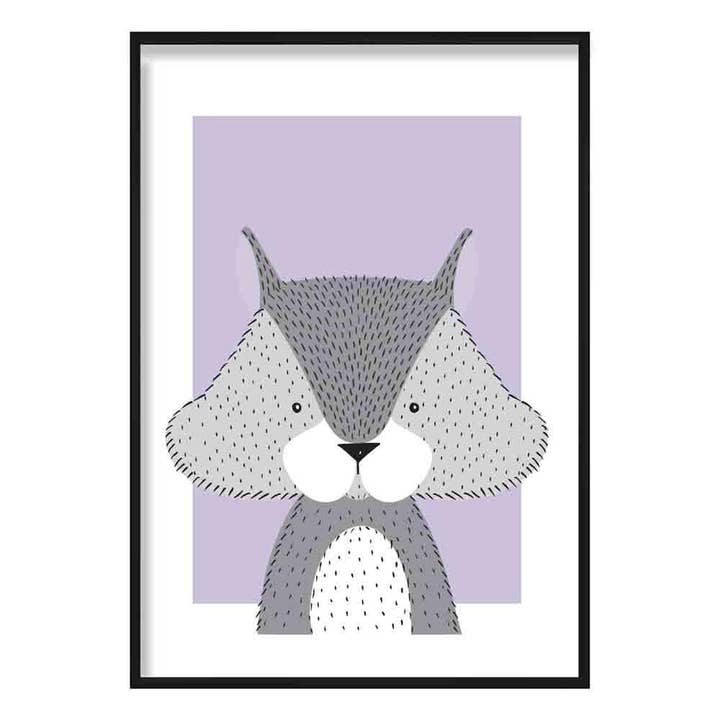 Squirrel Sketch Style Nursery Lilac Poster for wholesale by Artze Wall Art