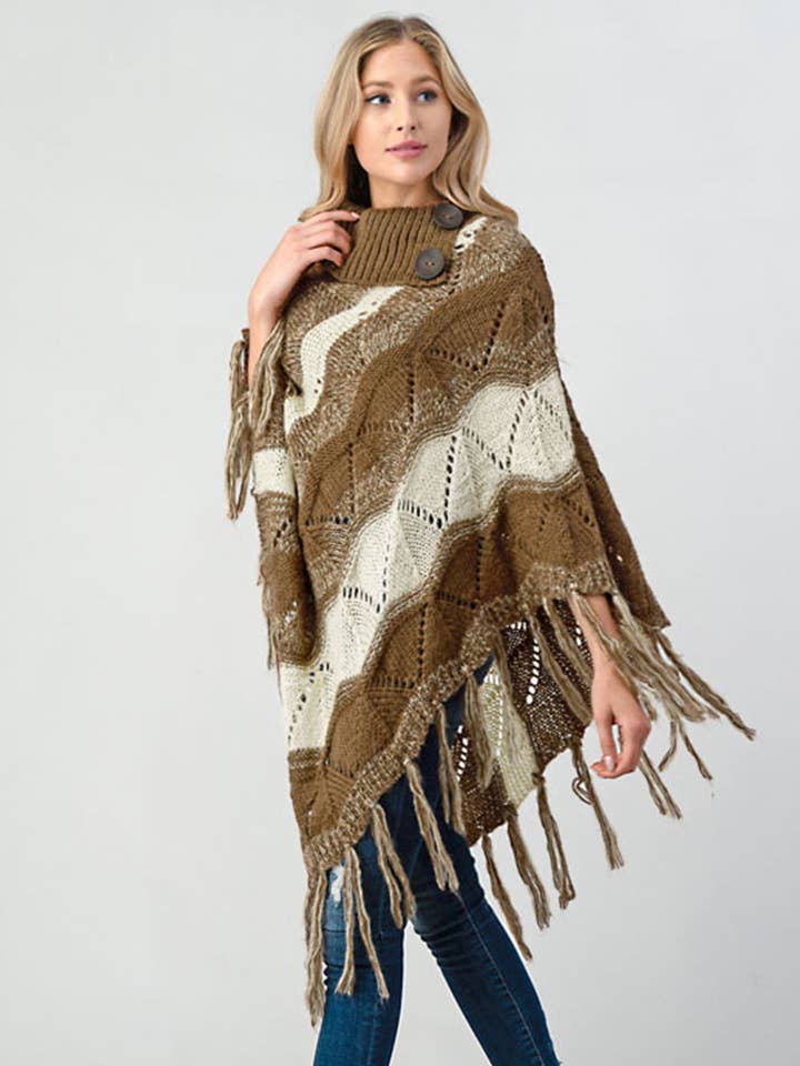 Poncho con orlo asimmetrico con maniche a pipistrello con frange color kaki per la vendita all'ingrosso da parte di KAYAN.L