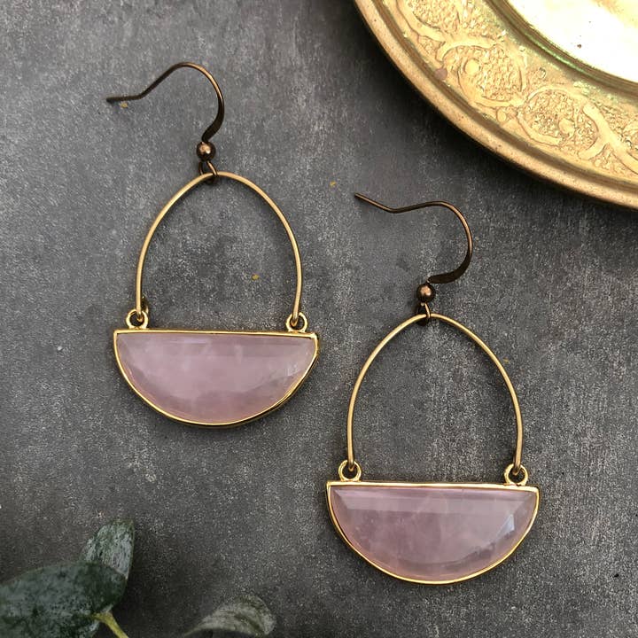 Clarion Earrings - Gold Plated Rose Quartz for wholesale by GeoMetricGem