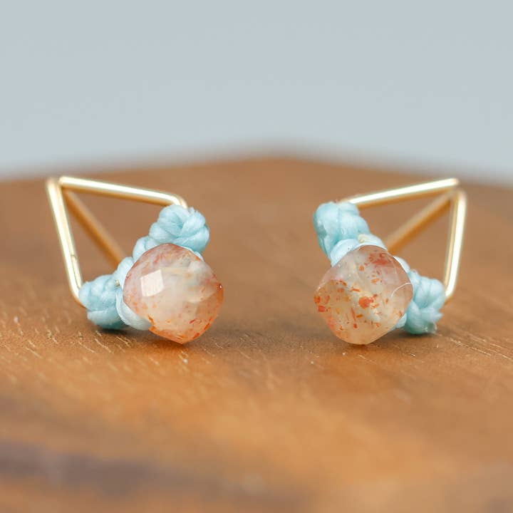 Sunstone Stud Earrings | Gold Fill Triangle Studs | Handmade for wholesale by The Stitch Alliance
