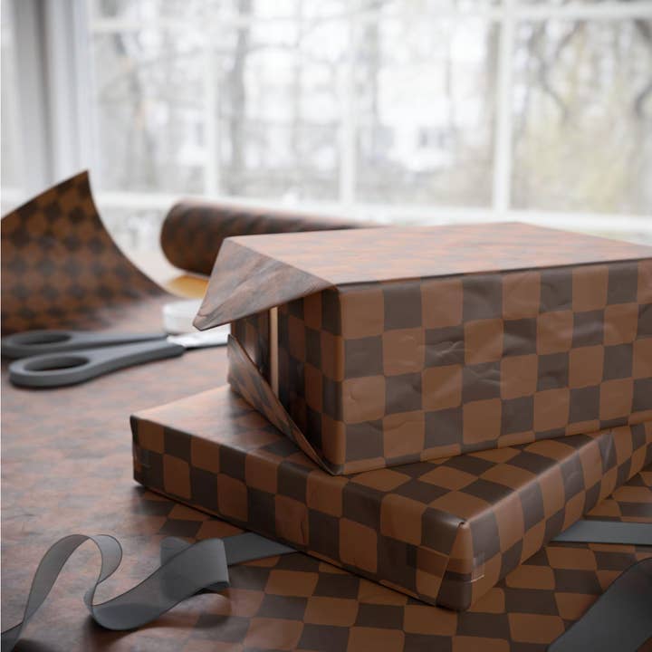 Dark small checkered wrapping paper (brown) for wholesale by Tejas mercantile