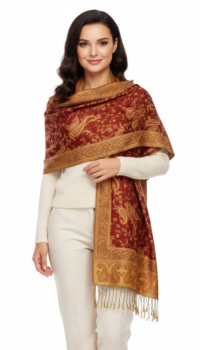 SERENITA - Wholesale Scarf - Women's - Jacquard Line Paisley Pashmina Scarf Reversible Shawl Wrap4