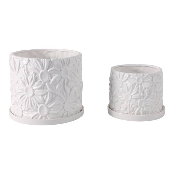 Sagebrook Home - Wholesale Plant Pot - White 6/8 in. Stoneware Daisy Flower Planters (Set of 2)