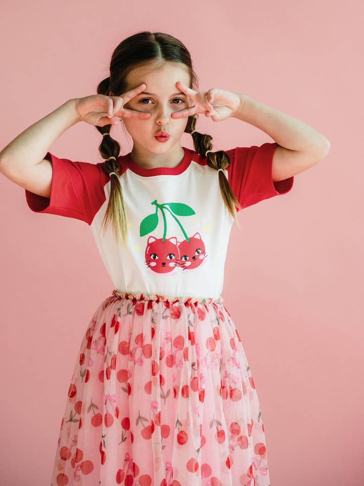 Cream CHERRY CAT SHORT SLEEVE KYLIE RAGLAN T-SHIRT for wholesale on Faire2