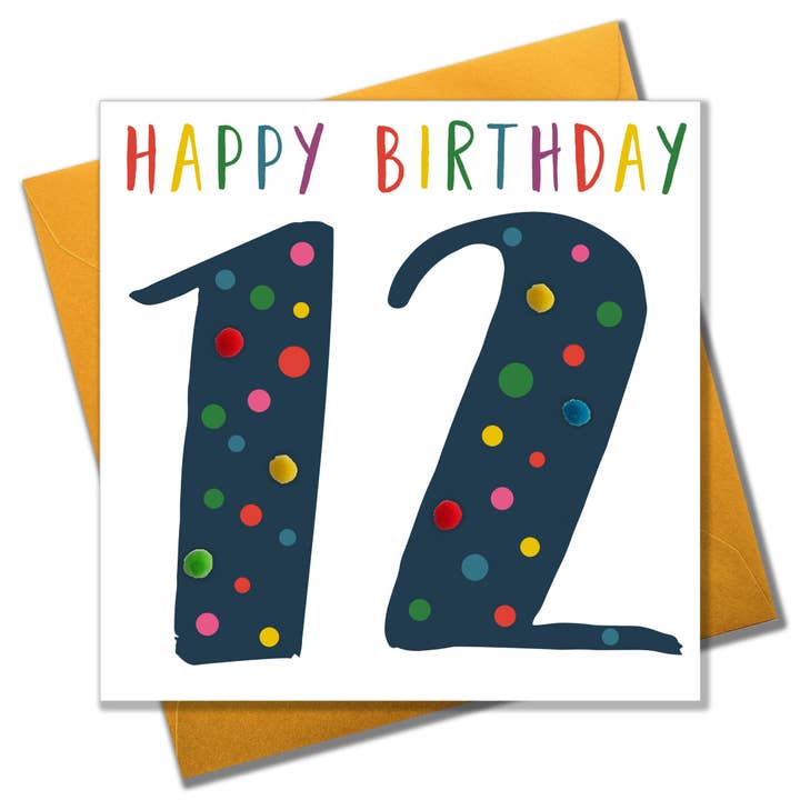 Claire Giles Ltd - Vendita all'ingrosso Biglietti di auguri - Biglietto di auguri, 12 anni, blu, buon compleanno 12, impreziosito da pompon