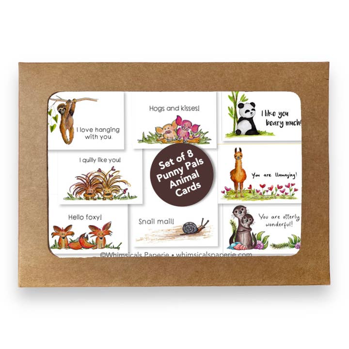 Whimsicals Paperie - Wholesale Stationery/Notecard Set - Assorted Punny Pals Boxed Note Cards, Funny Animal Notecards