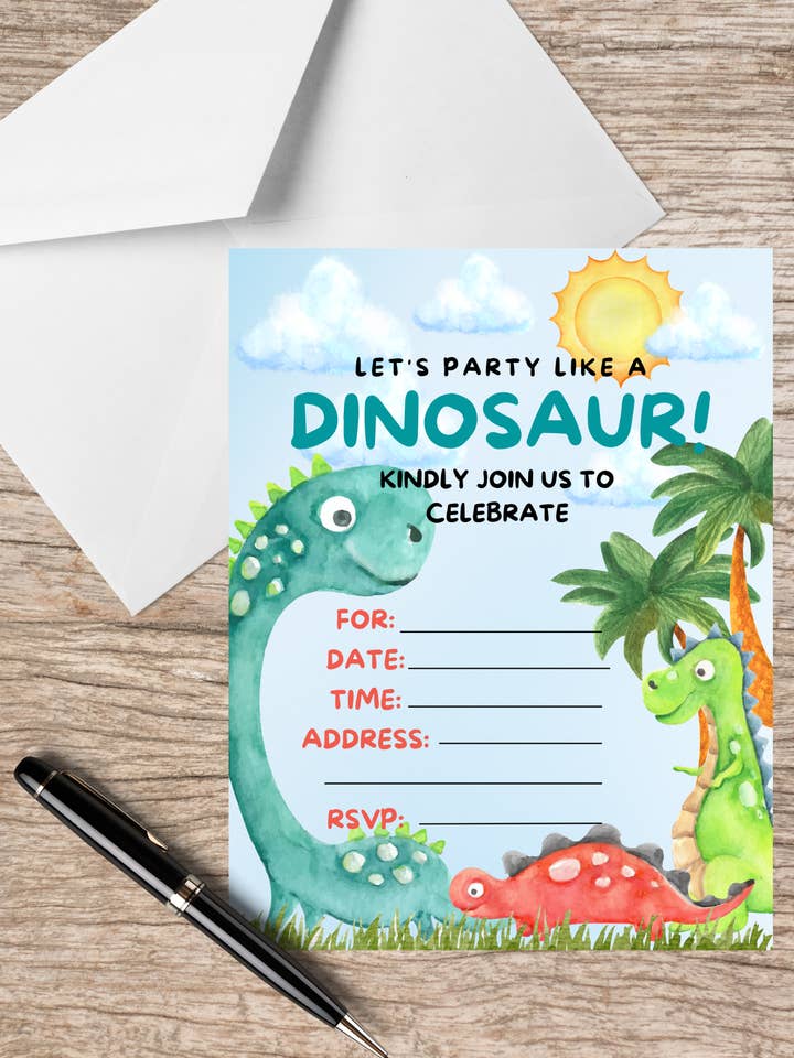 Dinosaur Party Invitations comes with Envelopes and Stickers for wholesale by LM Studioz
