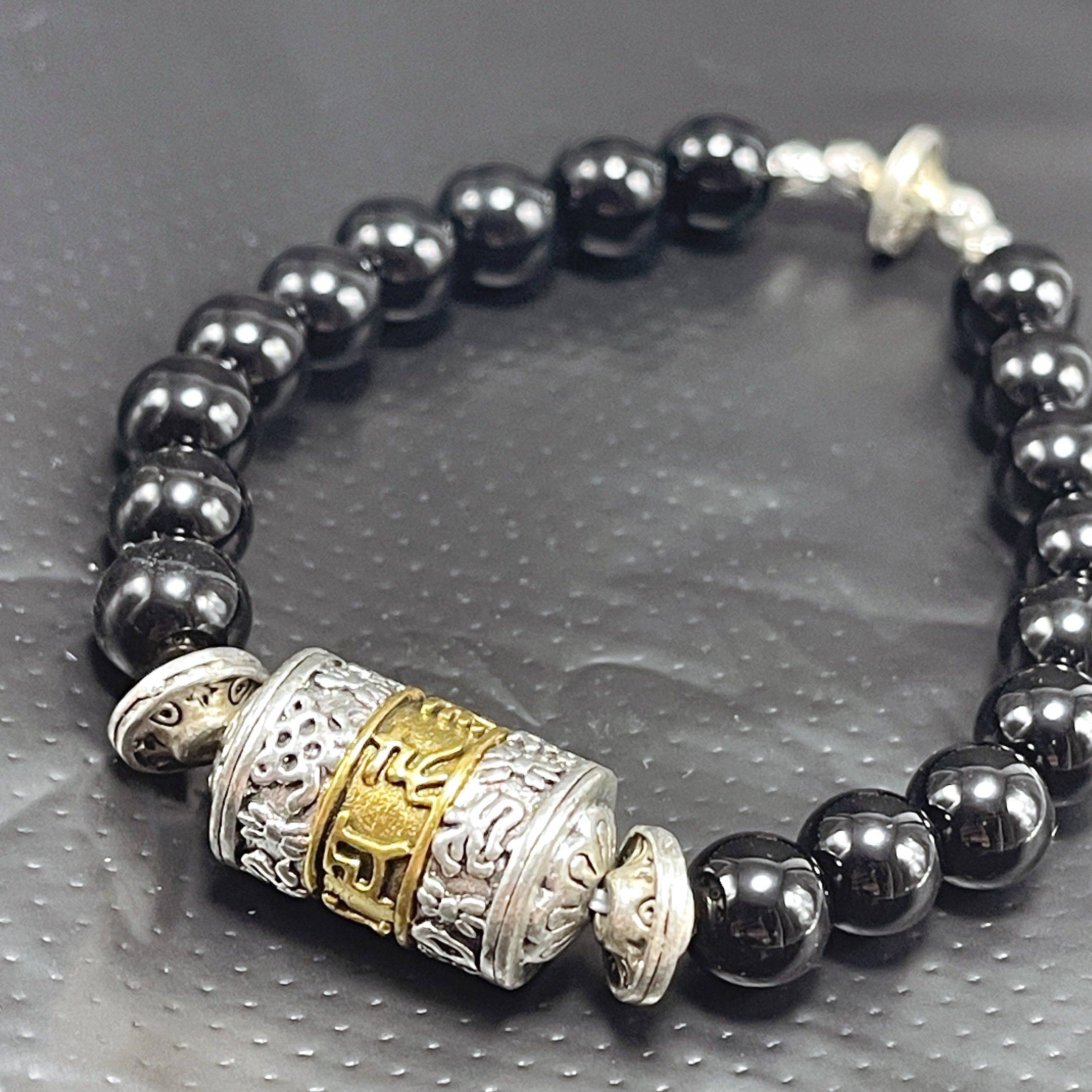 Peace Love Bling - Wholesale Beaded Bracelet - Black agate protective Mala Bracelet Om Mani Padme Hum Prayer Wheel2