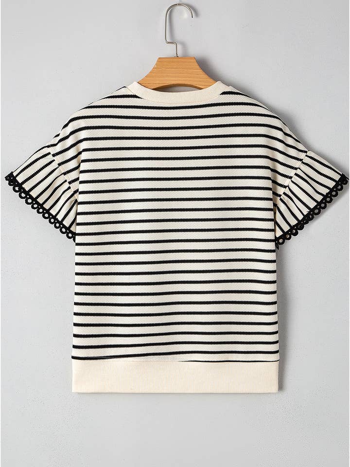 Black Stripe Scallop Lace Trim Ruffle Short Sleeves Crewneck Top for wholesale on Faire1