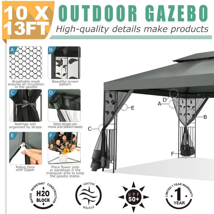 ShipItFurniture - Wholesale Tent - 10' X 13' Pop up Gazebo, Screened Patio Gazebo, Outdoor Steel Double Roof Canopy Tent, Metal Frame Canopy with Mosquito Netting, Sunshade for Garden, Lawns, Gray3