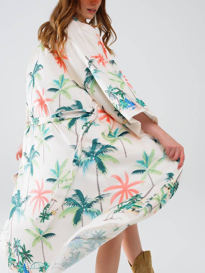 Beige Cream Open Kimono with Beach Print in Midi Length for wholesale on Faire