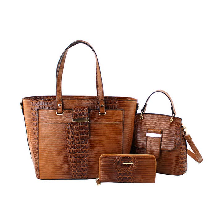 3 in 1 crocodile leather bag, crossbody and purse set for wholesale by Handbag Factory Corp