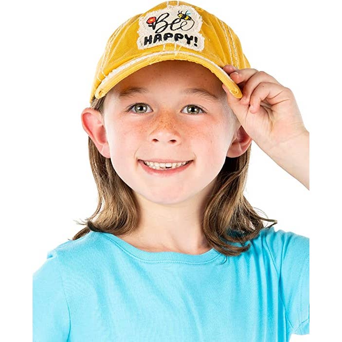 Funky Junque - Wholesale Baseball Cap - Kids - Vintage Patch Hat - Bee Happy (Yellow)