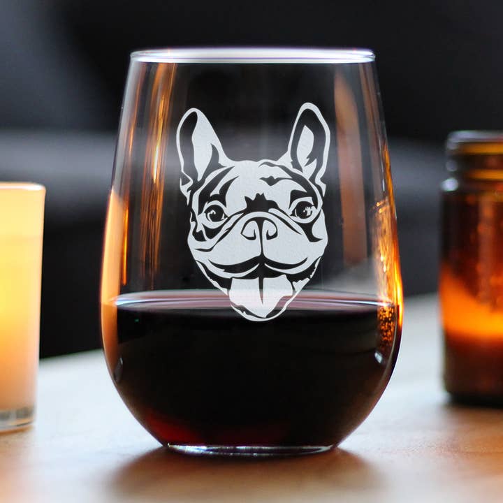 Bicchiere da vino senza stelo Happy Frenchie - Regali per Bulldog francesi per la vendita all'ingrosso da parte di bevvee