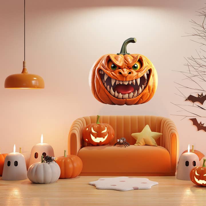 3D ondskabsfuldt grinende græskardekal - skræmmende Halloween vinylvægklistermærke for engroshandel hos Decords