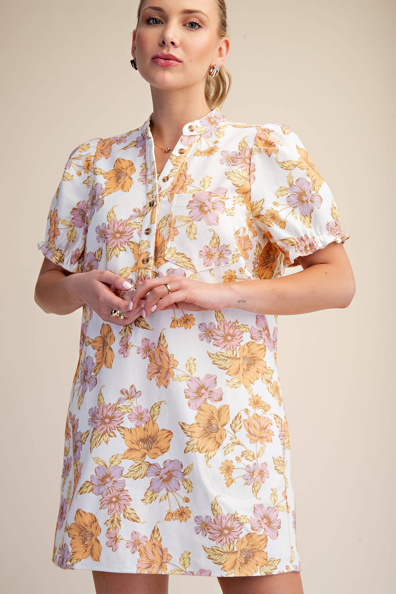 Glam - Wholesale Dress - Women's - Puff-Sleeve Floral Mini Dress14