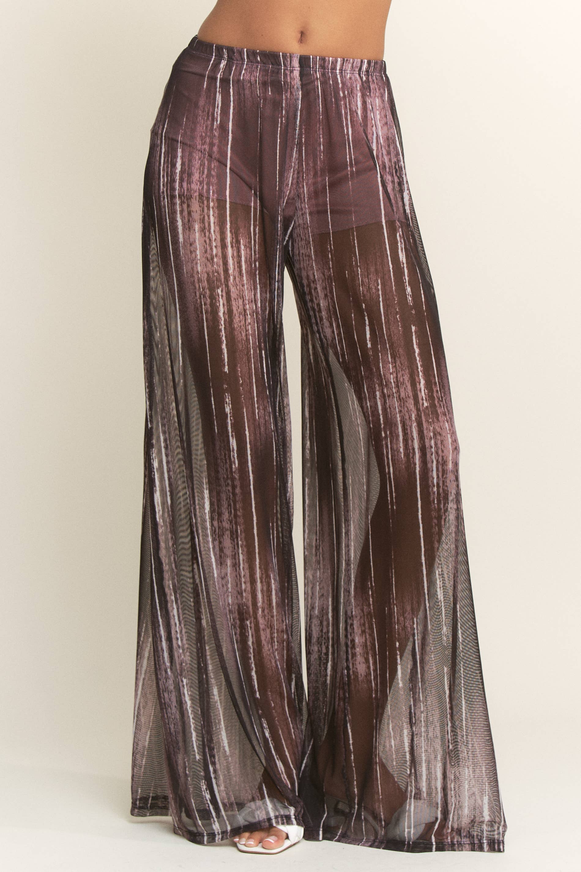 YNEZ - Wholesale Pants - Women's - Vibrant Stripe Print Sheer Wide Leg Cocktail Going Out Pant9