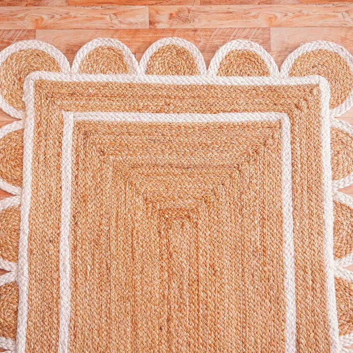 Chouhan Rugs - Wholesale Area Rug - Beige Scalloped Pattern Runner Jute Rug With White Border4