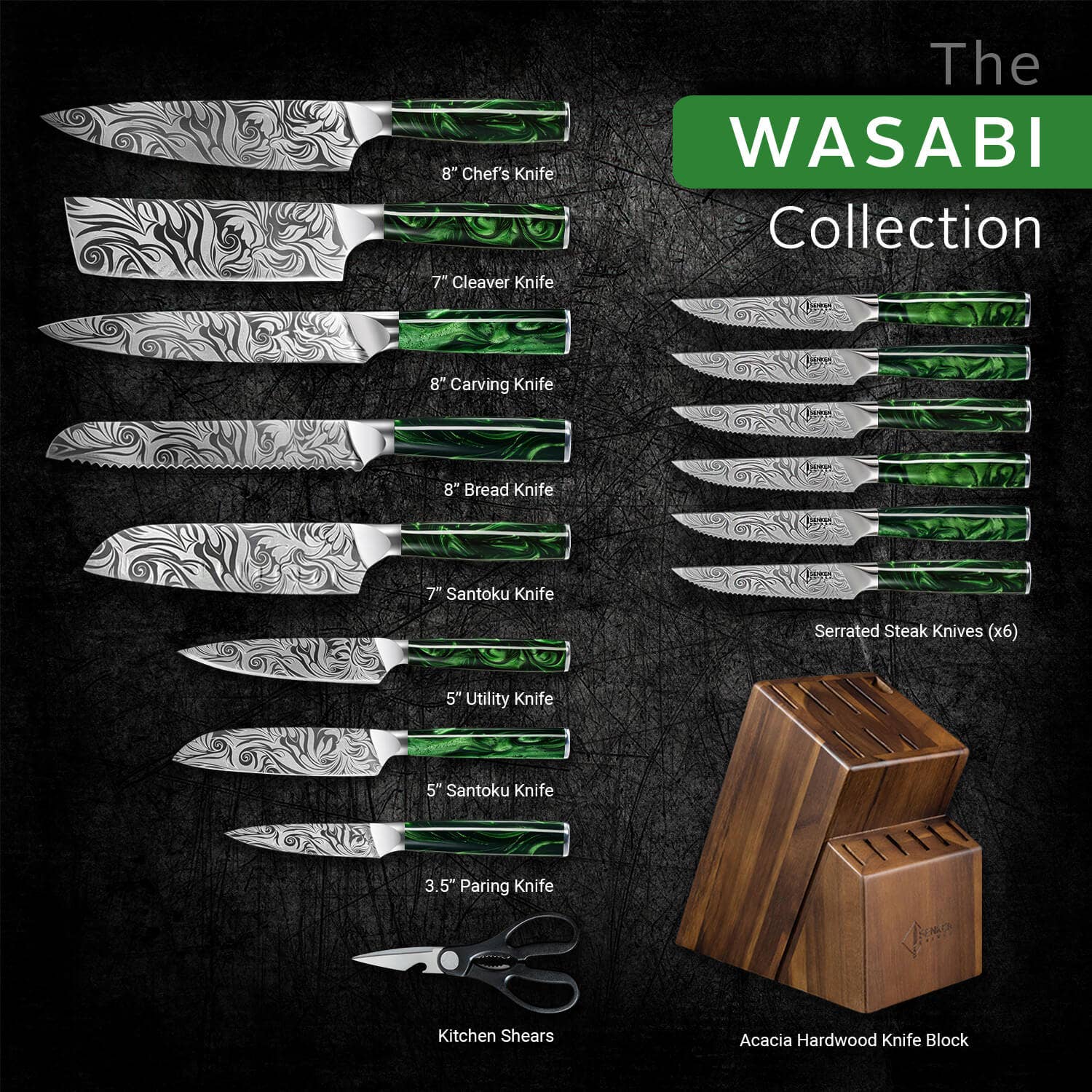 Senken Knives - Wholesale Knife Set - "Wasabi" 16-Piece Japanese Knife Block Set (Green Resin)1