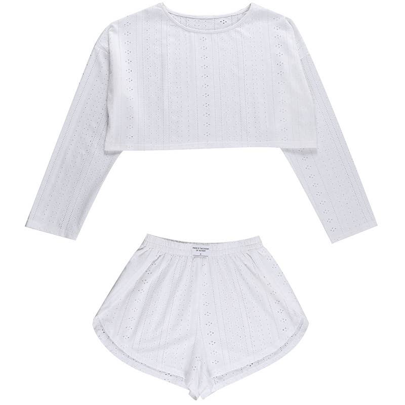 Rosa Clothing - Wholesale Lounge Set - Women's - Eyelet basic long sleeve overfit loose tee lounge shorts set12