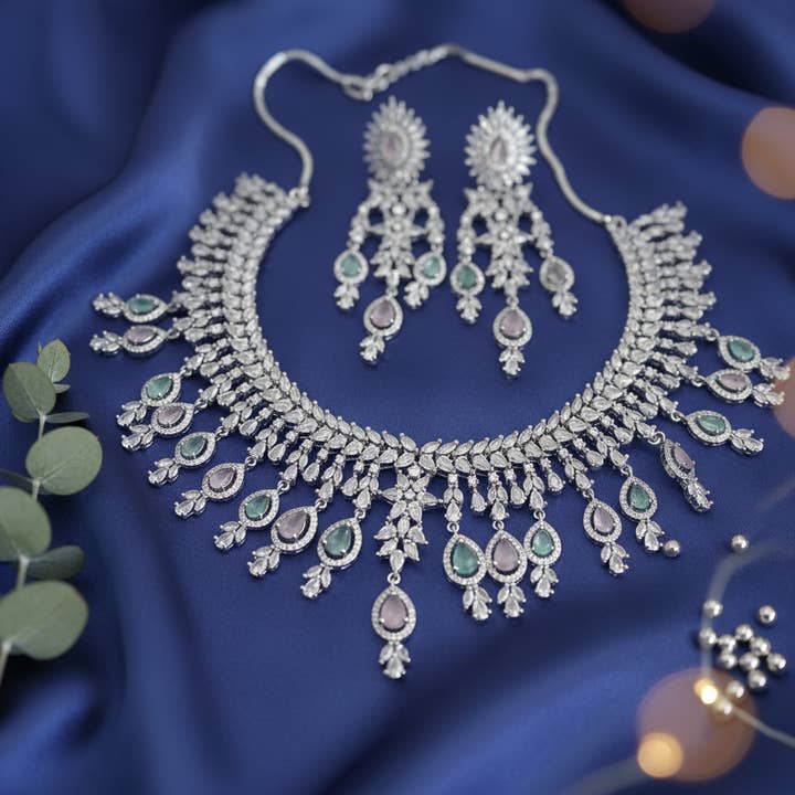 Vinnis Jewelry - Wholesale Jewelry Set - Classic Baby Pink & Mint Crystal Bridal Necklace Set| Vinni’s Jewelry1
