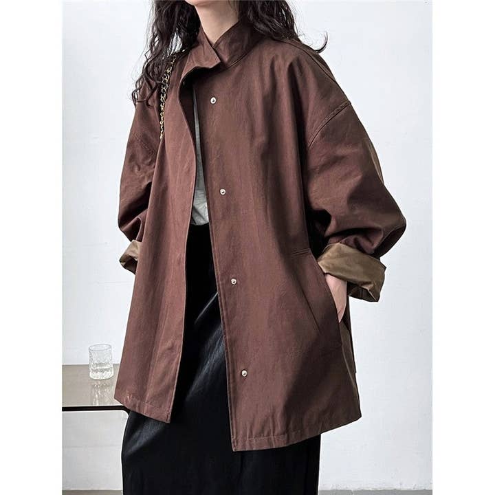 Solid Color Loose Fit Stand Collar Trench Coat for wholesale by UZ Wholesale Store
