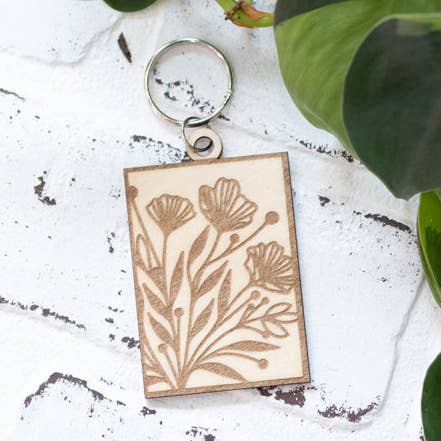 Rectangle Floral Keychain, Wooden Keychain, Flower Key Ring, Plant Lady Gift Idea for wholesale by The McGarvey Workshop