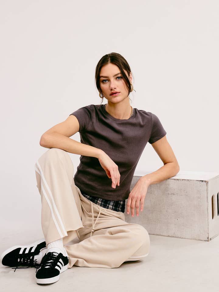 Mimosa - Wholesale T-Shirt - Women's - Basic Short Sleeve Baby Tee Knit Top