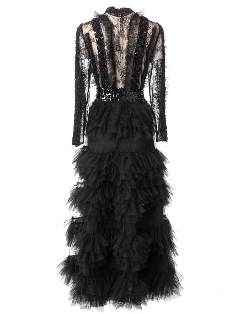 Black DR819L Hand-Beaded Sequin Ruffled Stand Collar Maxi Dress for wholesale on Faire1