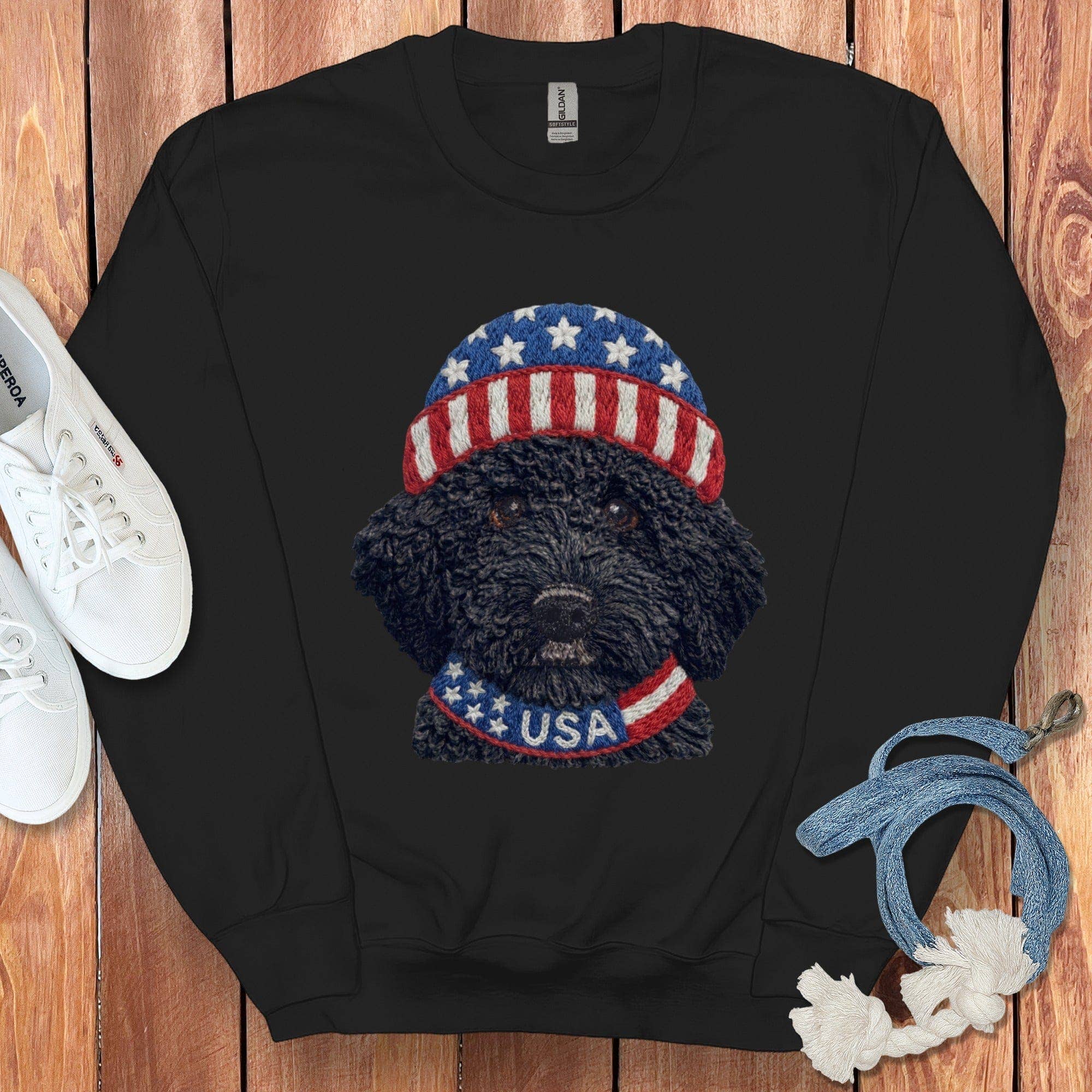 Puppy Jo - Wholesale Graphic Sweatshirt - Unisex - Patriotic Black Goldendoodle Sweatshirt6