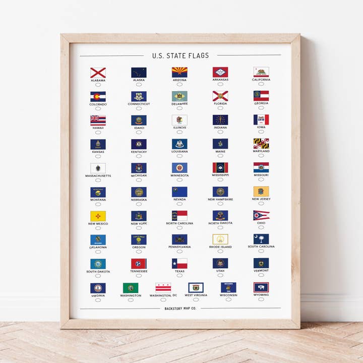 Affiche « bucket list » des drapeaux des États‑Unis pour la vente par Backstory Map Co.