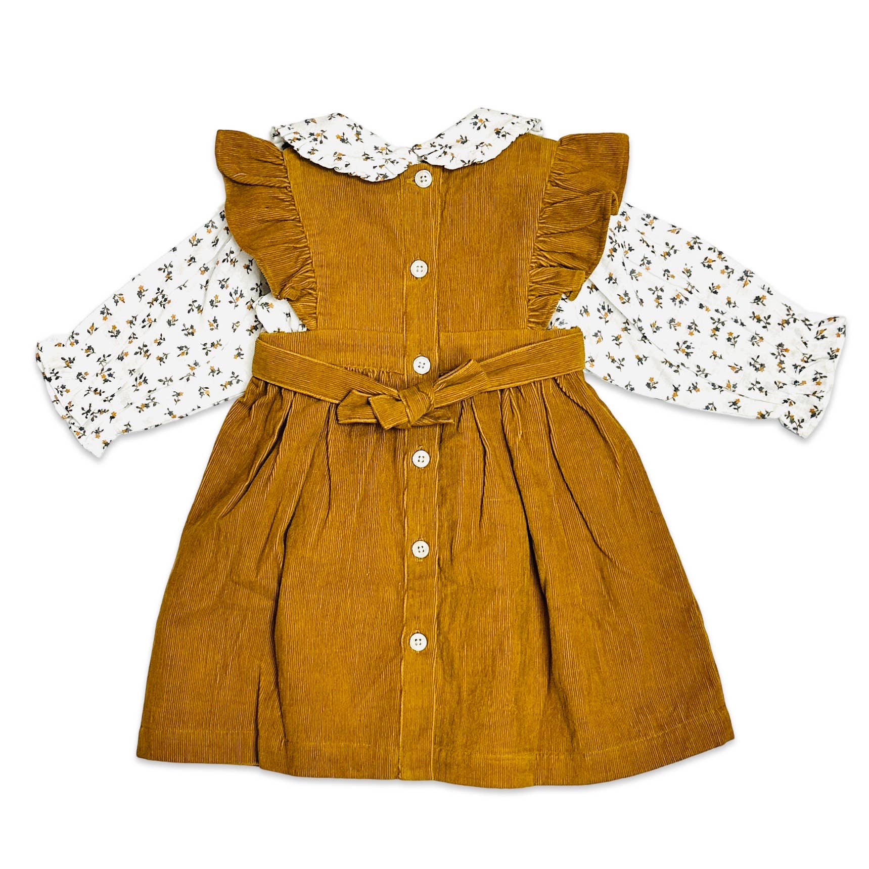 Moutarde Ensemble robe tablier en velours côtelé pour bébé+chemise à fleurs (biologique) en vente sur Faire6