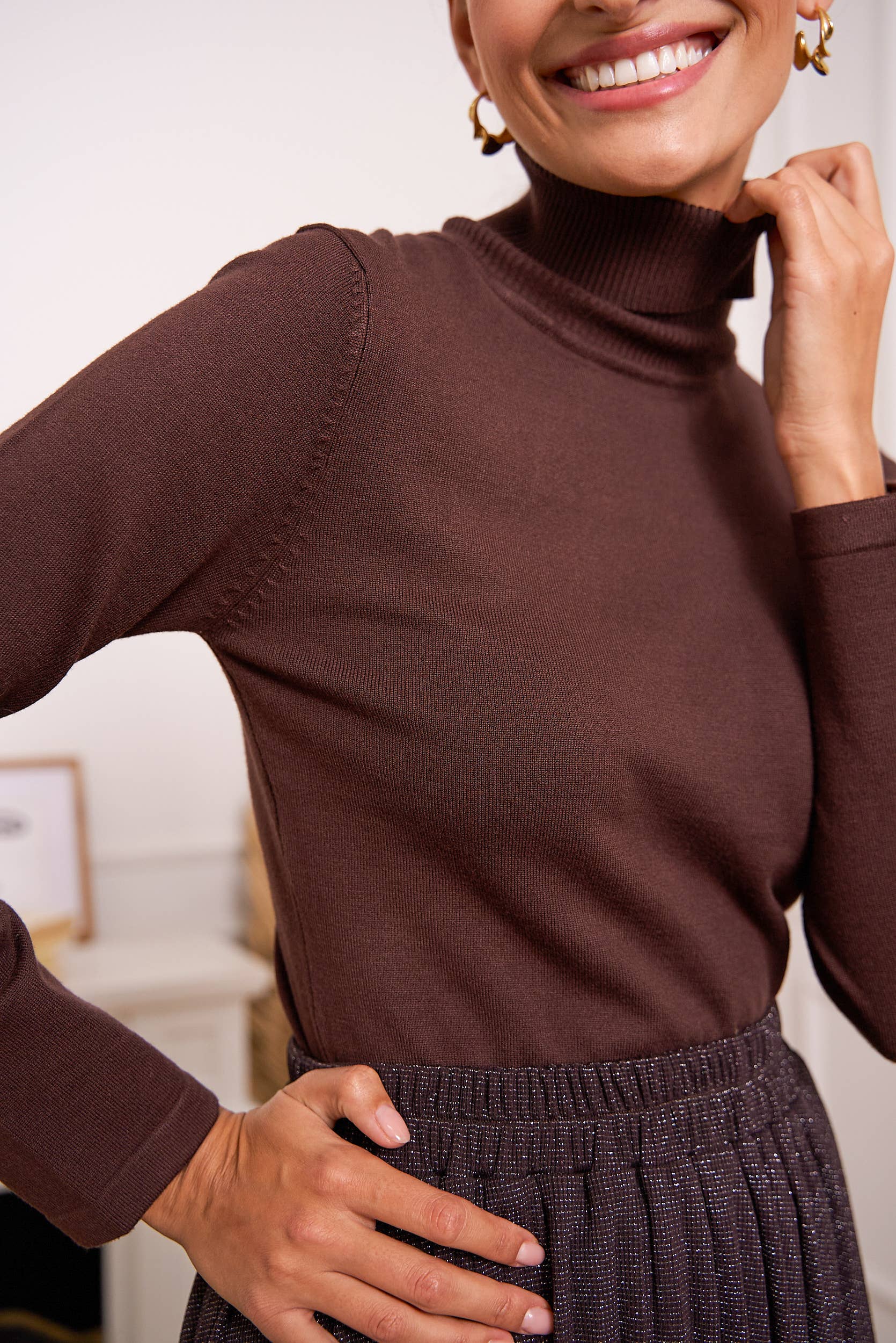 Marron Pull col roulé en maille  - 08873 en vente sur Faire5