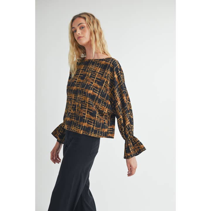 Black PLAID PRINT BOAT NECK BLOUSE for wholesale on Faire