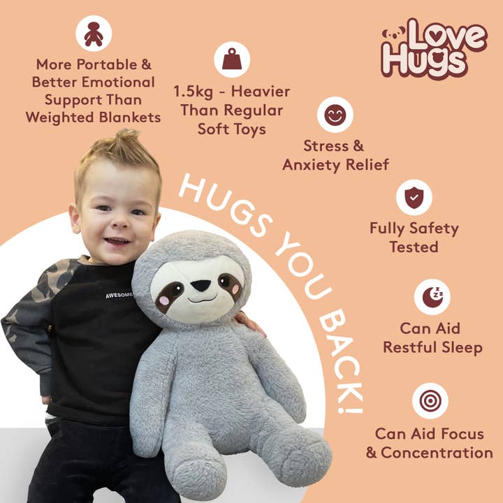 LoveHugs - Vente Peluche – enfant et bébé - Peluche lestée de 1,5 kg pour l'anxiété - Peluche pondérée par paresseux