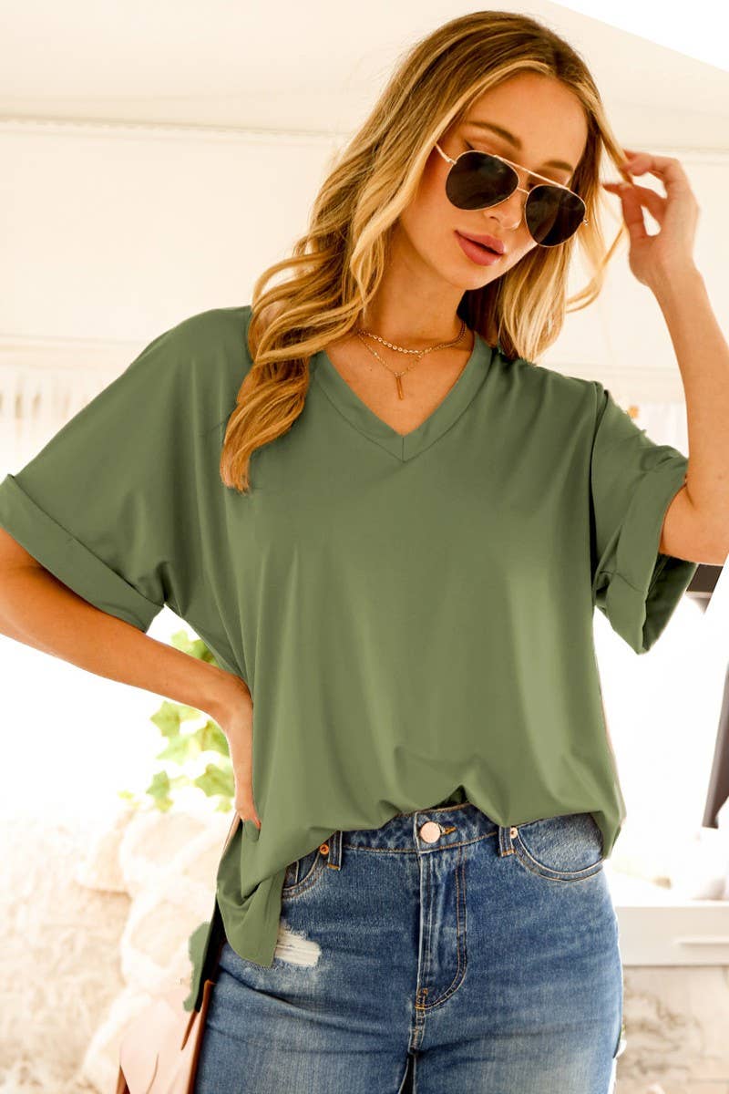 Vine & Love - Wholesale Knit Top - Women's - Short Roll-Up V-Neck Casual Knit Top  VT60441A10