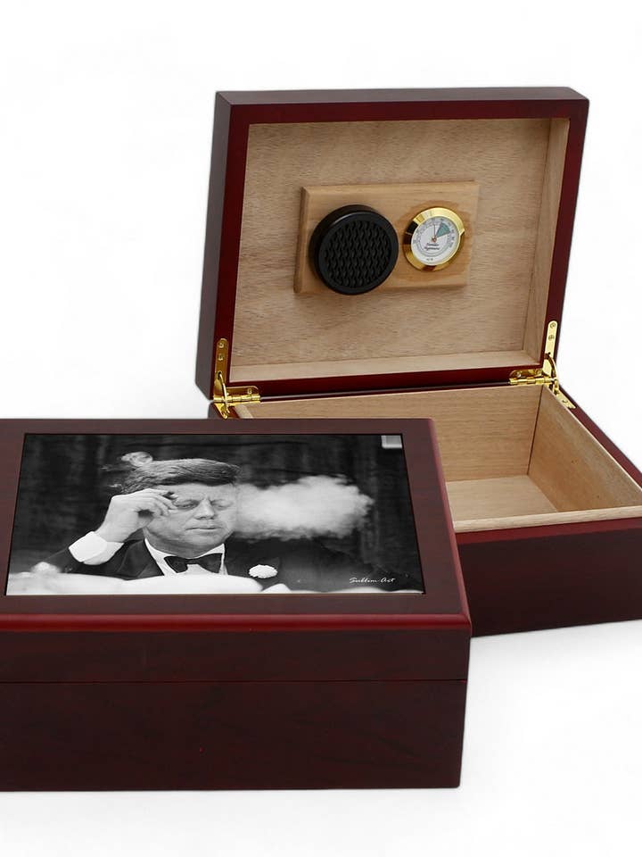 CIGAR HUMIDOR BOX: Luxury Mahogany Satin Finish fully lined in Cedar Wood - J. F. Kennedy for wholesale by SublimArt