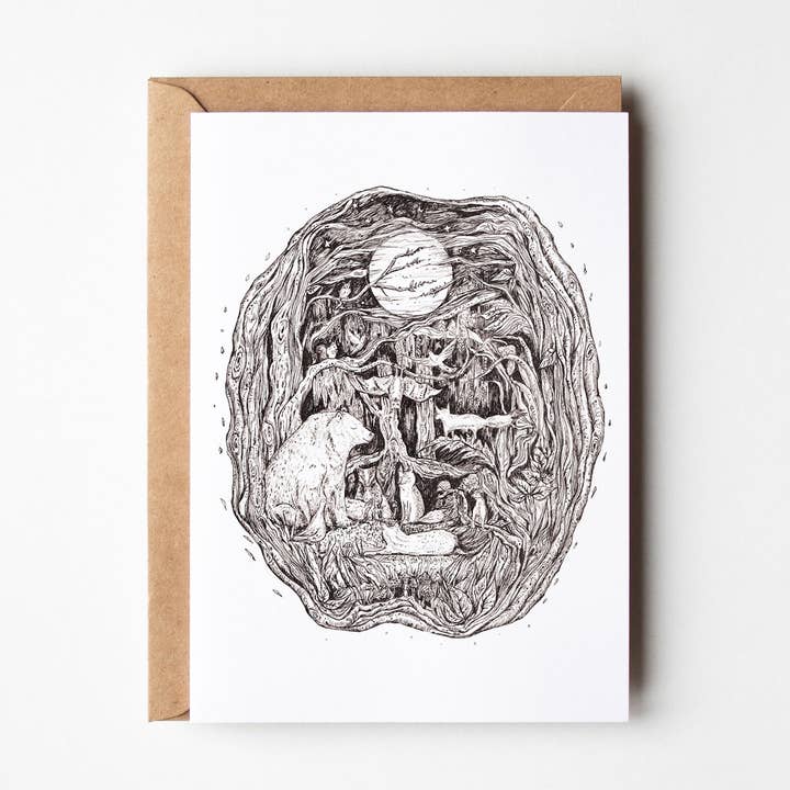 Carte d'illustration à l'encre d'animaux de la forêt pour la vente par Helen Drake Illustration