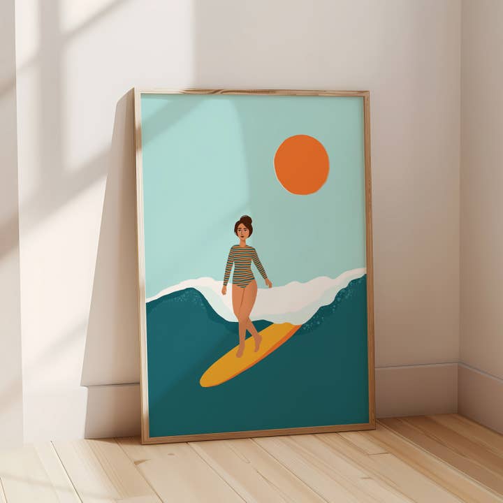 Sunset Surfer Cornish Illustrated A4 Art Print for wholesale by Salty Siren Studios