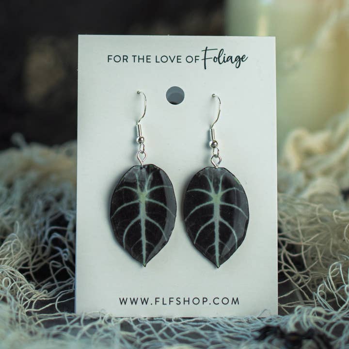 Alocasia Ninja Black Plant Earrings | Leaf Earrings for wholesale by For the Love of Foliage