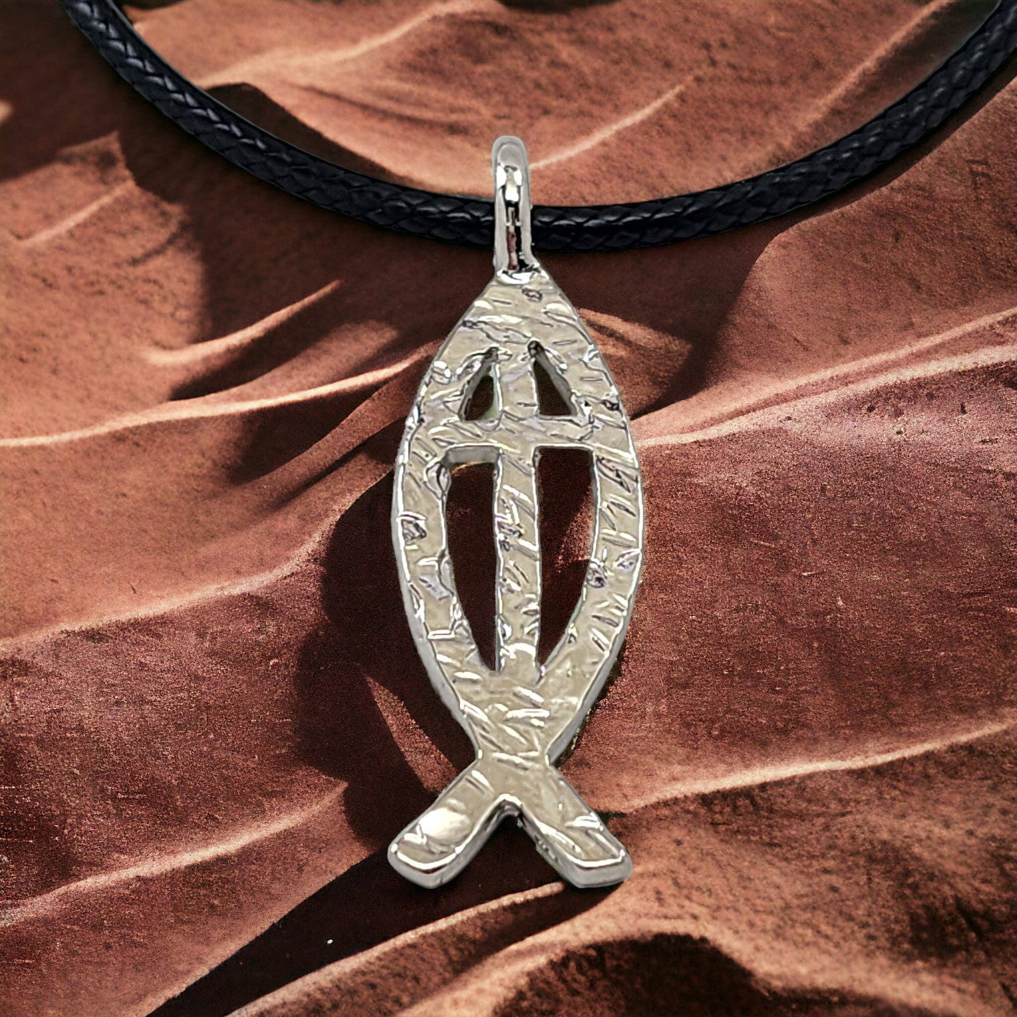 Forgiven Jewelry - Wholesale Pendant/Charm Necklace - Ichthus Fish Cross Hammered Rhodium Necklace0