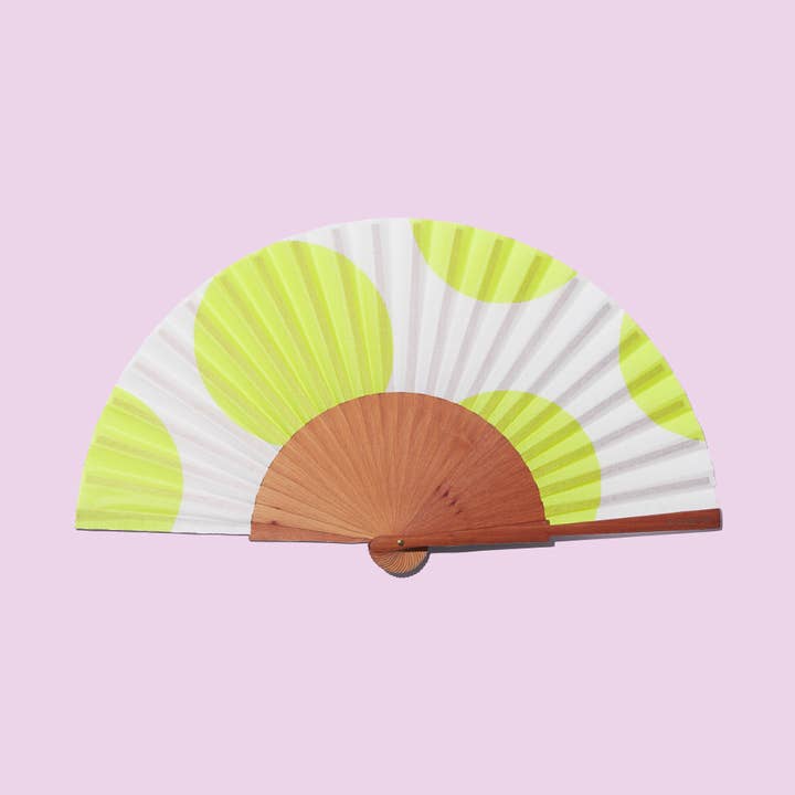 A FAN OF - Wholesale Handheld Folding Fan - FLUO DOTS Fan - Medium - White and Yellow0